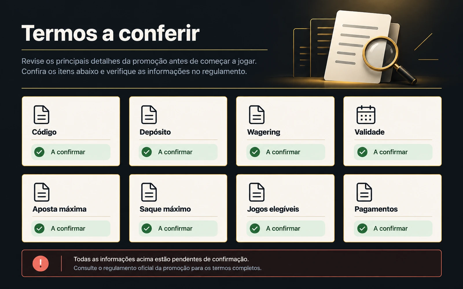 Campos de termos que devem ser conferidos em um bônus